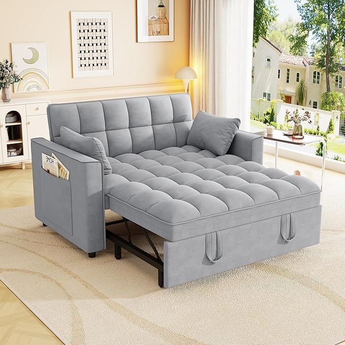 Hommoo 53 Sleeper Sofa Bed Pull Out Couch Convertible 3 in 1 Futon Lounge Sofa Small Love Seat for Living Room Apartment Comfy Velvet Reclining Back with Pillows and Pockets Light Grey