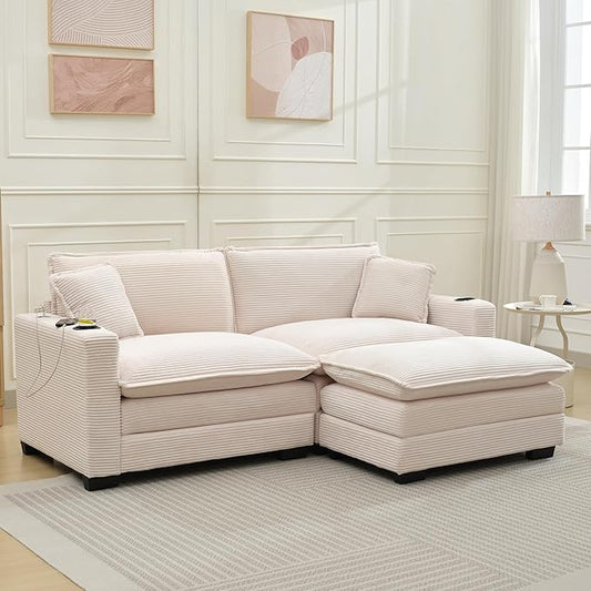 82.7 L Shaped Sectional Sofa with Cup Holders &amp USB Ports Modern Loveseat Cloud Couch with Ottoman for Living Room Apartment Small Spaces Beige Corduroy