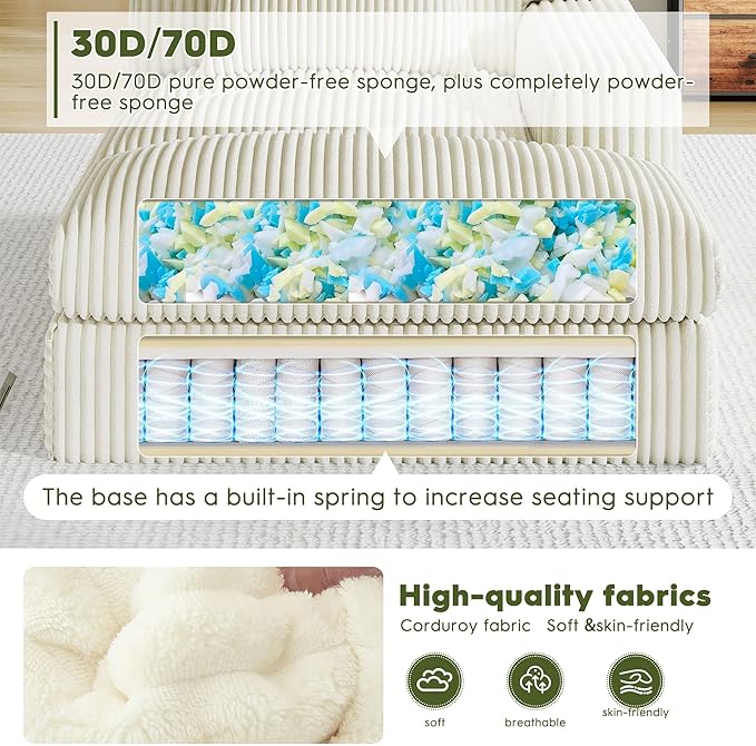 Oversized Chaise Lounge Sofa Chair IndoorSoft Corduroy Fabric Boneless sofawith CushionA Comfortable deep-Seated Cloud Sofa for use in The Living Room.(Singler-Right-arm-White)