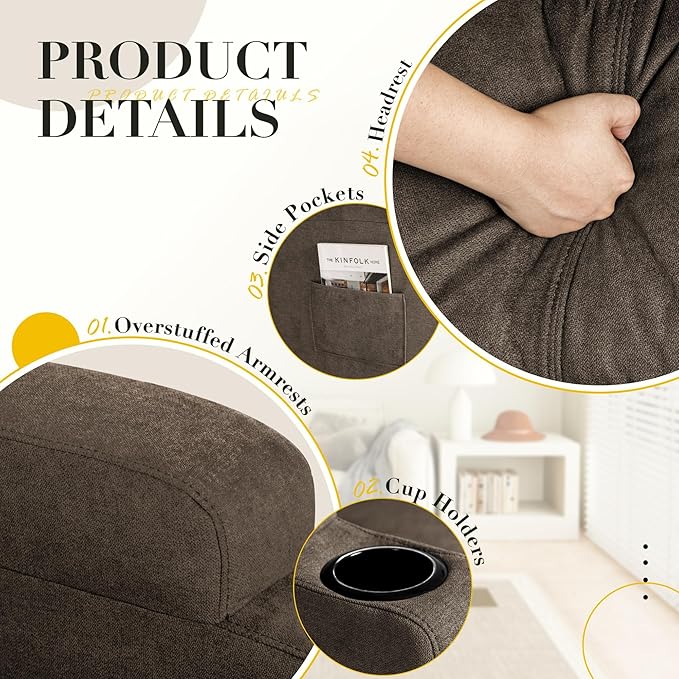 Recliner Chair 360° Swivel Rocker Chair for Adults Rocking Recliner Chair with Massage Comfy Single Sofa with Side Pockets Cup Holders for Living Room Bedroom Nursery (Fabric Brown)