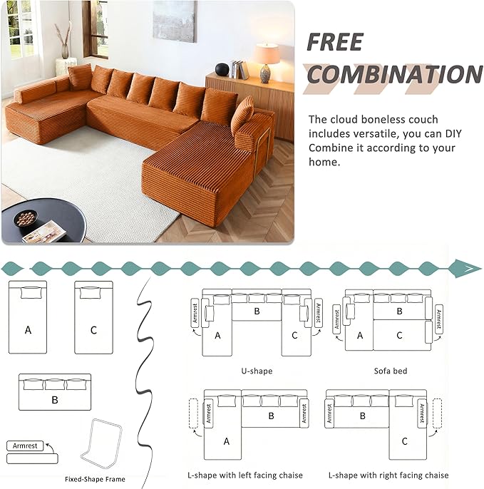 145 Cloud Couch Sectional Modular Sofa with Fixed-Shape Frame and Deep Seat Corduroy U Shaped Boneless Sofas Couch in a Box No Assembly Required Irange Couches for Living Room