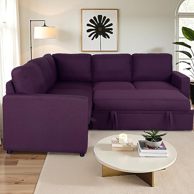 Sleeper Sofa Couch with Pull Out Bed L Shaped Couch Bed with Storage Sectional Sleep Couches Convertible Sleeper Sofa Beds W/Reversible Chaise&ampBack Cushion for Living Room Purple