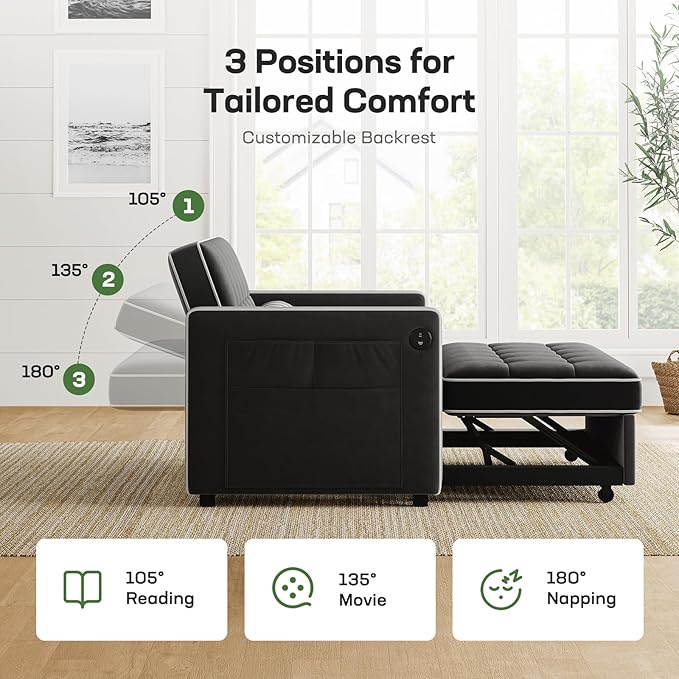 Marsail 3-in-1 Convertible Futon Sleeper Sofa Bed Pull Out Couch with Adjustable Backrest USB Charging &amp Side Pockets Velvet Fabric Sofa for Living Room Apartment Loveseat Black