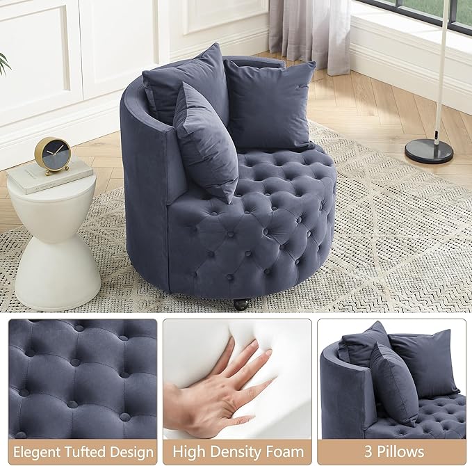 GNIXUU Swivel Barrel Accent Chair 30” Modern Velvet Round Sofa Chair with 3 Pillows and Wheels Comfy Tufted Club Lounge Chair for Living Room Bedroom(Blue Gray).
