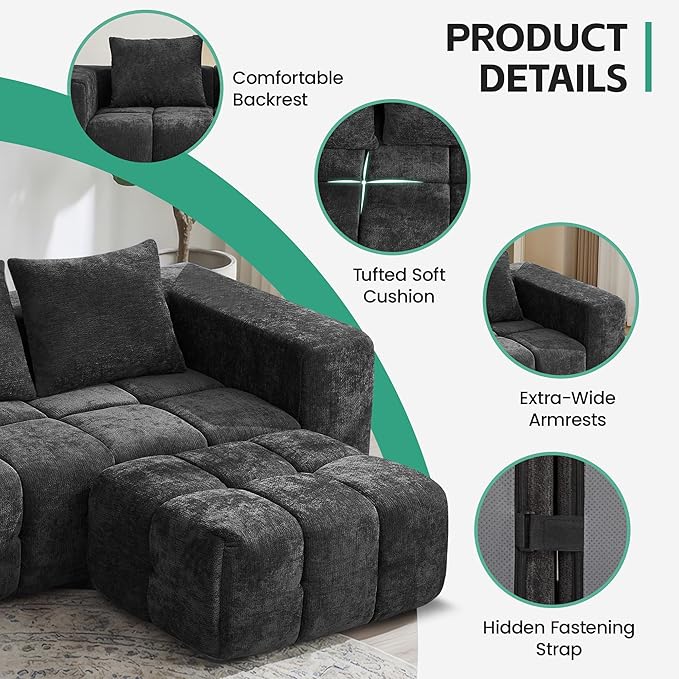 35 Boneless Ottoman Chenille Modular Sectional Cloud Couch Ottoman Comfy Upholstered Footrest for Living Room Bedroom Apartment Dark Gray