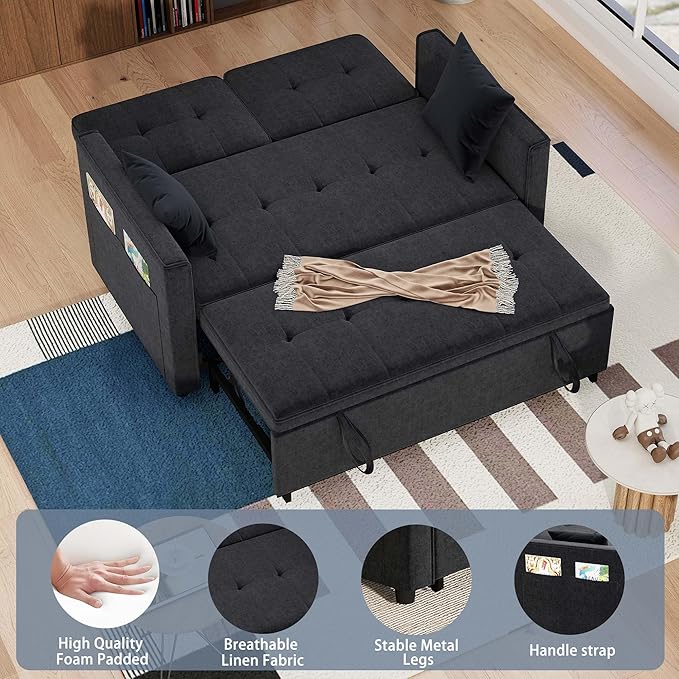 Pull Out Sofa Bed: 71 Black Convertible Loveseat Sleeper Sofa Bed for Small Space Modern 3 in 1 Couch with Storage Couch Beds for Living Room (Black)