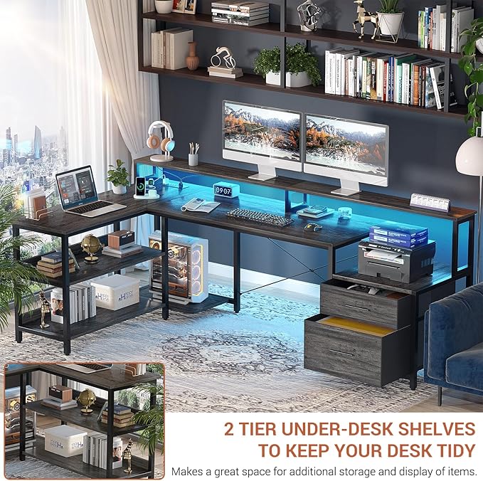 Aheaplus L Shaped Desk with File Drawer 72.8 Reversible L Shaped Computer Desk with Power Outlet &amp LED Strip Gaming Desks with Monitor Stand Corner Office Desks with Storage Shelf Grey Oak