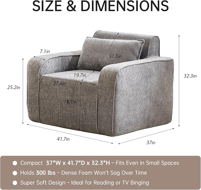 Accent Chair Set of 2 42'' Wide Oversized Boneless Sofa Chenille Mid Century Modern Armchair for Living Room Bedroom Comfy Accent Chair Single Sofa Gray
