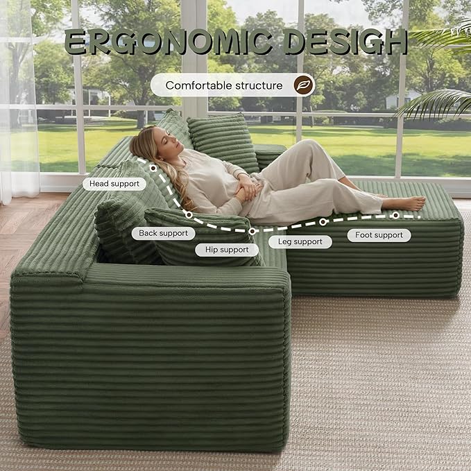 Cloud Sectional Couch 105” Fluffy Modular L-Shape Sofa with Left Chaise Lounge Modular Sectional Sofa in a Box Boneless Couch for Living Room No Assembly Required Flannel Green