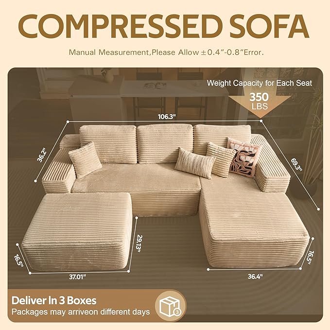 104 L-Shape Modular Sectional Sofa CouchComfy Upholstered Cloud Couch for Living RoomModern Minimalist CouchesDeep SeatNo Assembly Required (BeigePlush Corduroy Right Facing Chaise w/Ottoman)