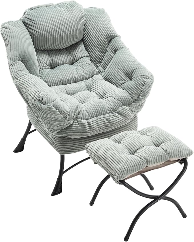 Lazy Chair with Ottoman Modern Lounge Accent Chair with Armrests and a Side Pocket Leisure Upholstered Sofa Chair Reading Chair with Footrest for Small Space Corner Chair (Light Green)
