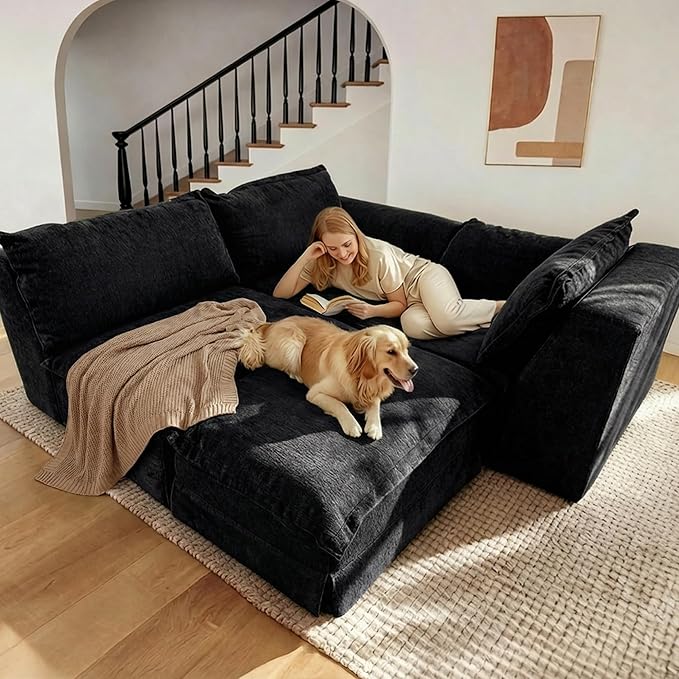 Claiks 123 Modular Boneless Couch U Shaped Couch for Living Room Modern Deep Seat Sofa 3 Seater Chenille Fabric Comfy Cloud Couches with Movable Ottoman Black