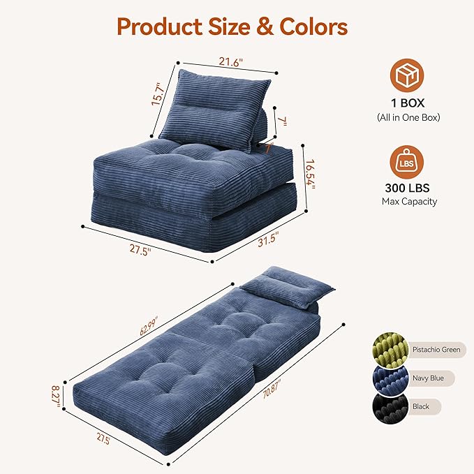 Folding Sofa Bed Fold Out Chair Bed with Pillow Convertible Sleeper Chair for Living Room/Small Spaces Foldable Lazy Sofa Bed Floor Chair Comfy Corduroy Couch Bed Navy Blue