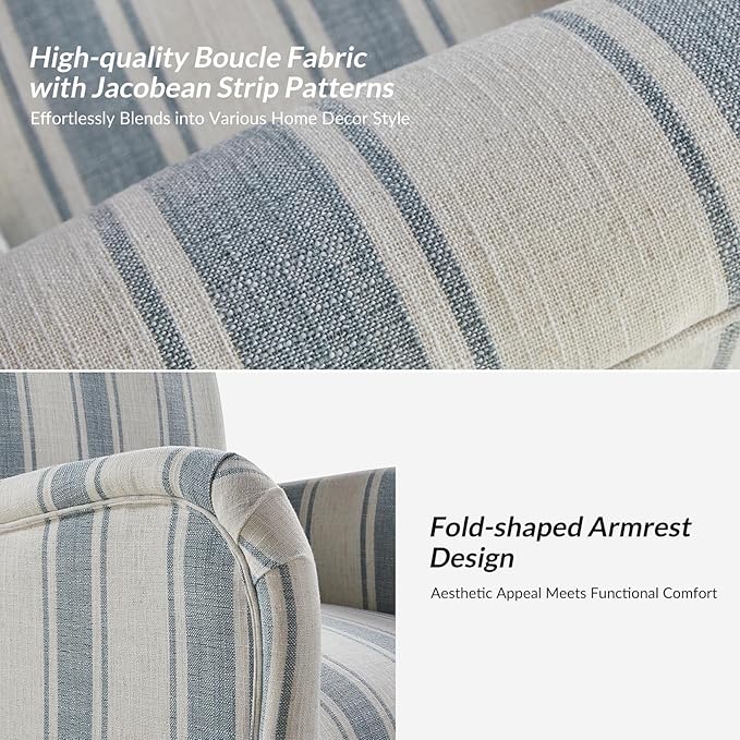 HULALA HOME Swivel Accent Chairs Set of 2 with Stripe Pattern Farmhouse Fabric Upholstered Armchairs with Metal Base 360° Swivel Traditional Sofa Chairs for Living Room Bedroom Blue