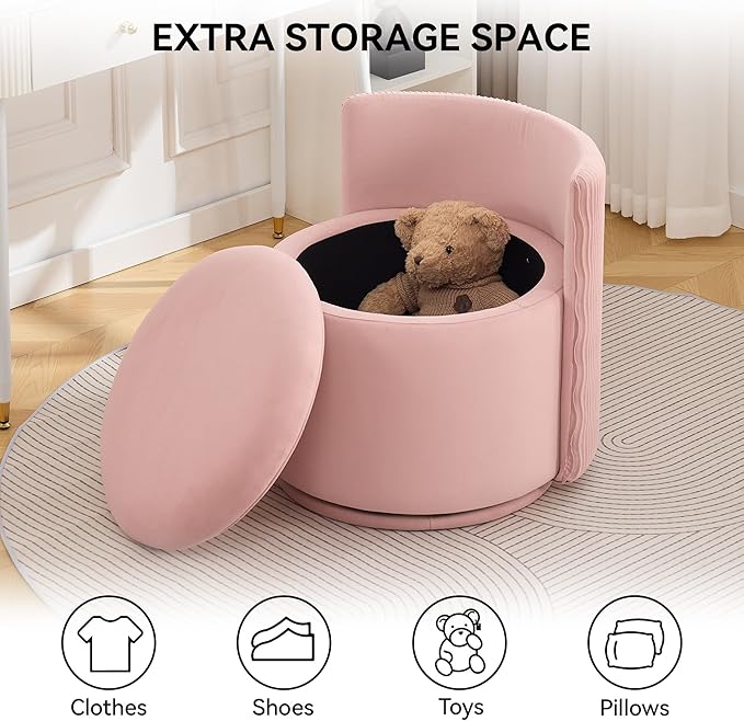 Large Velvet Vanity Chair with Storage 360° Swivel Makeup Chair with Wave Back No Assembly Small Accent Stool for Bedroom Dressing Living Room Pink