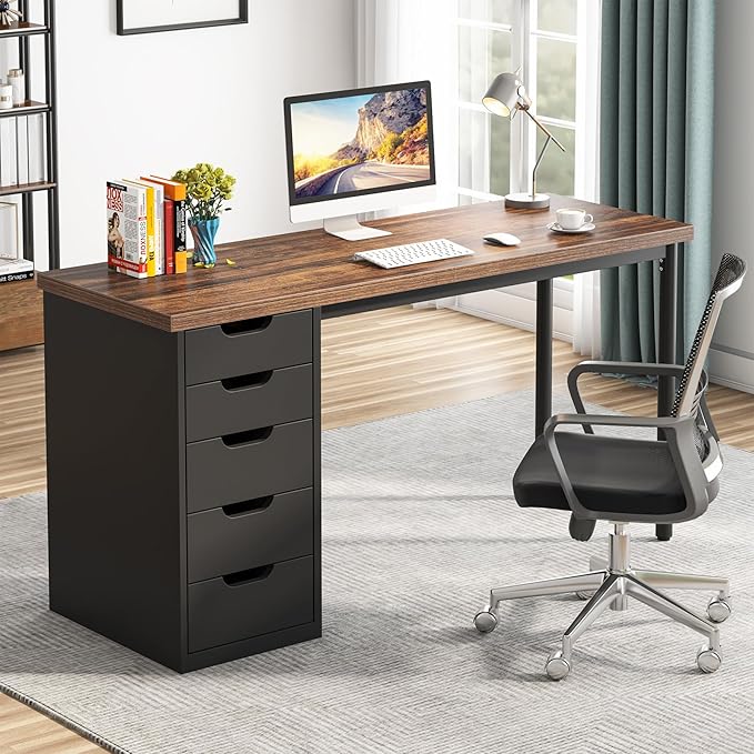 Tribesigns Computer Desk with 5 Drawers 47 inches Rustic Brown Home Office Desk with Storage Modern Simple Laptop Desk Study Writing Table for Small Spaces (1 Brown+Black)