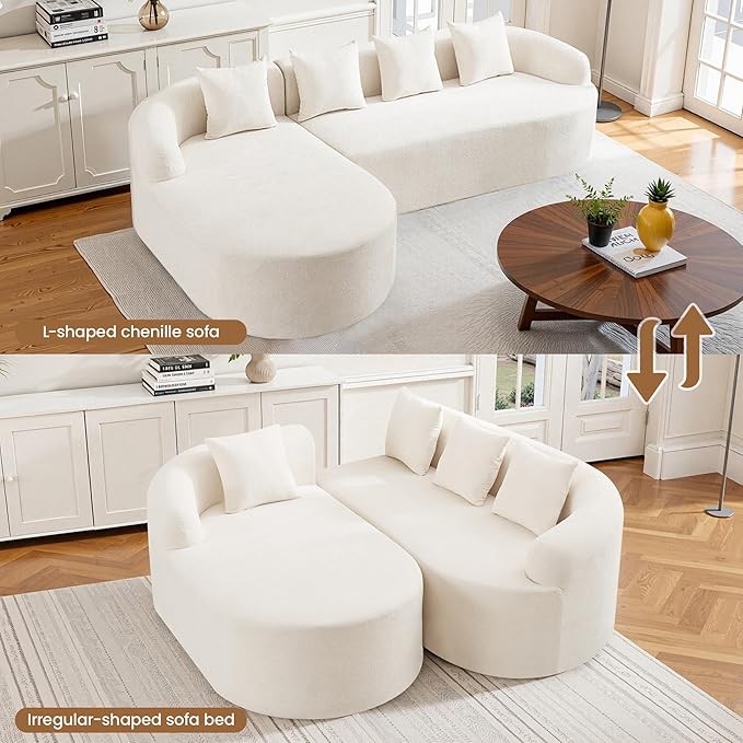 105 Boneless L Shaped Sectional Couch Curved Cloud Deep Seat Sofa with Chaise Lounge Oversized 4 Seater Couches for Living Room No Assembly Chenille Beige