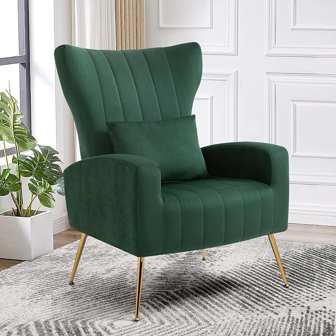 Living Room Chairs Set of 2 Modern Velvet Accent Chairs with Lumbar Pillow High Back Armchair Arm Chairs with Gold Metal Legs for Bedroom Green