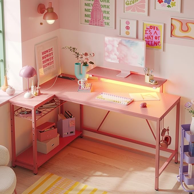 Bestier 52 Gaming Desk with Integrated Power Outlet &amp USB Ports L-Shaped Computer Desk with LED Strip &amp Headphone Hooks Perfect for Home Office Pink