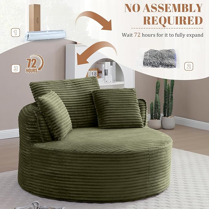 53W Oversized Round Chair Lounge Chaise Indoor Corduroy Comfy Circle Reading Armchair Upholstered Modern Cloud Boneless Chairs Cozy Floor Sofa Chair for Living Room Bedroom Apartment(Green)