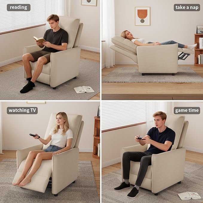 Manual Recliner Chair for Adult Velvet Reclining Chair with Chunky Cushion for Small Space Comfortable Reclining Sofa for Living Room Bedroom Home Theater Easy Assembly (Beige)