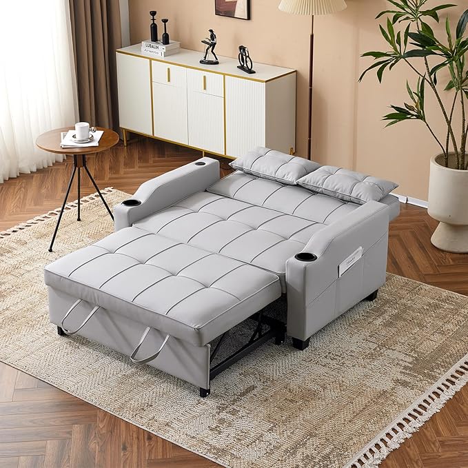 VINGLI Light Grey Futon Sofa Bed Convertible Loveseat Sleeper Couch Faux Leather Pullout Sofa Fold Out Couch Bed with USB Ports Cup Holders Armrest for Living Room Bedroom Apartment Room