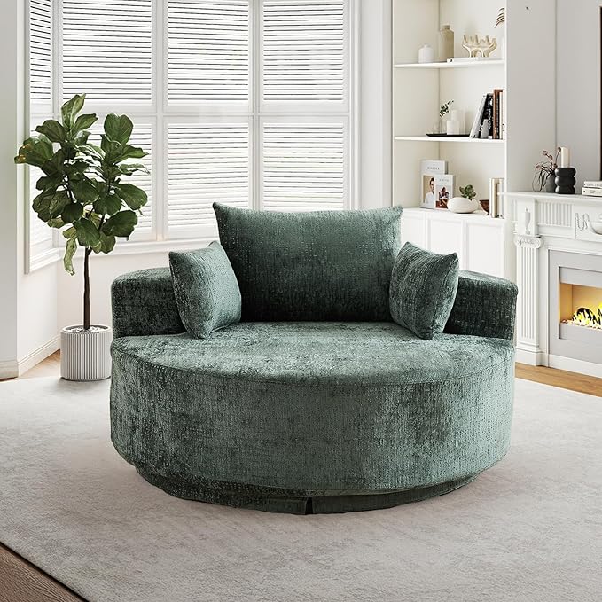 55 W Oversized Round Swivel Accent Barrel Chair360 Degree Chenille Upholstered Comfy Chaise Lounge Chair IndoorModern Deep Seat Single Sofa Armchair for Living RoomBedroomOffice(Green)