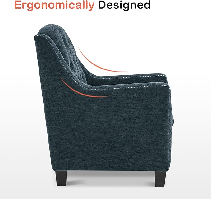 MCombo Modern Accent Chair with High Legs Chenille Upholstered Single Sofa Chair with Tufted Button Back &amp Ergonomic Armrests Solid Wood Legs for Living Room Bedroom 4260 (Light Blue)