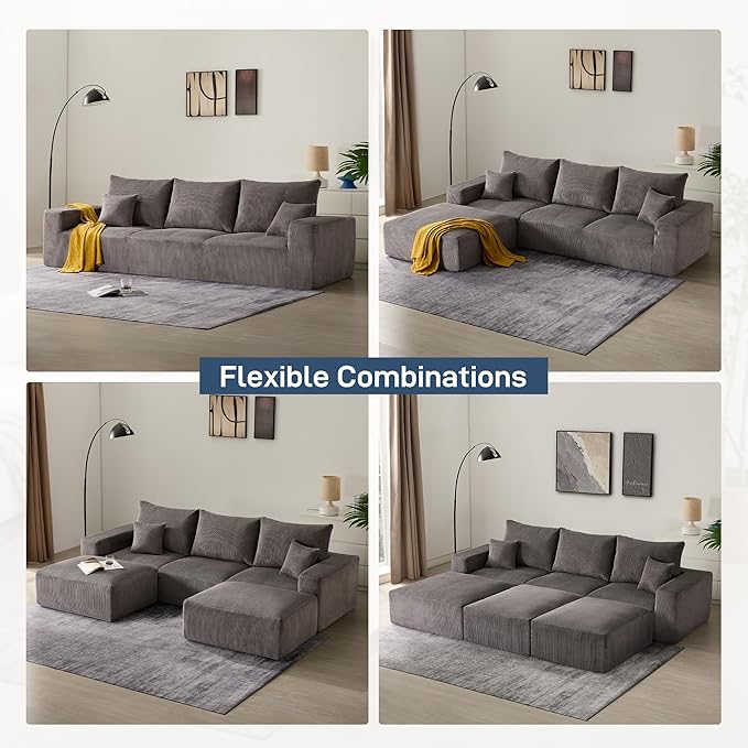 Sectional Modern Sleeper Sofa Couches for Living Room-113 Grey 3 Seater L-Shaped Boneless Cloud Couch-No Assembly Modular Corduroy Convertible Sponge Compression Sofas with Chaise for Home House