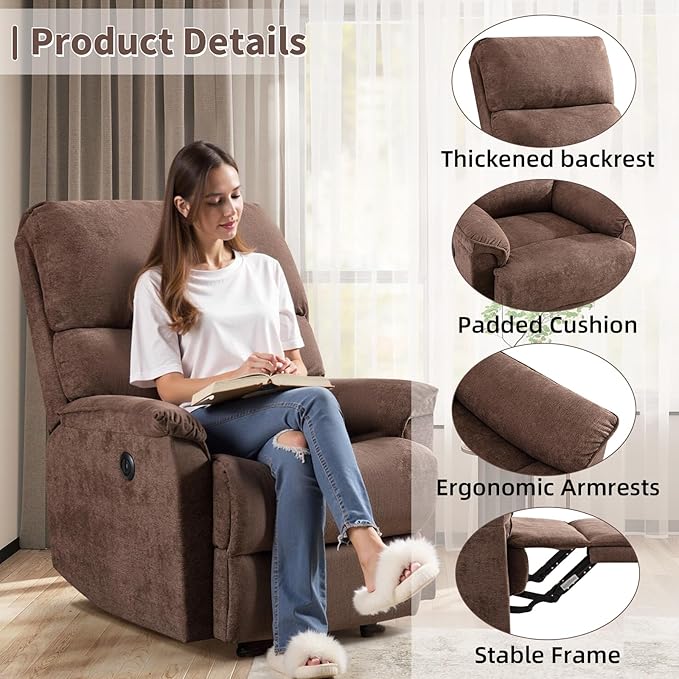 Electric Recliner Chair for Adults with USB Port Breathable Fabric Power Recliners with High Back Single Overstuffed Heavy Duty Reclining Sofa for Living Room Bedroom