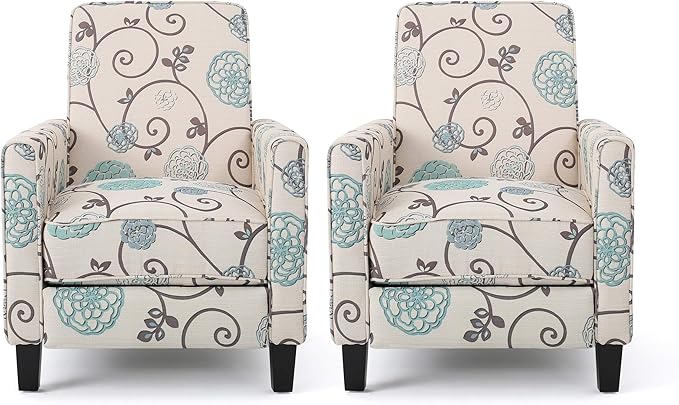 Christopher Knight Home Emmie Fabric Recliner (Set of 2) Light Beige with Blue Floral Dark Brown