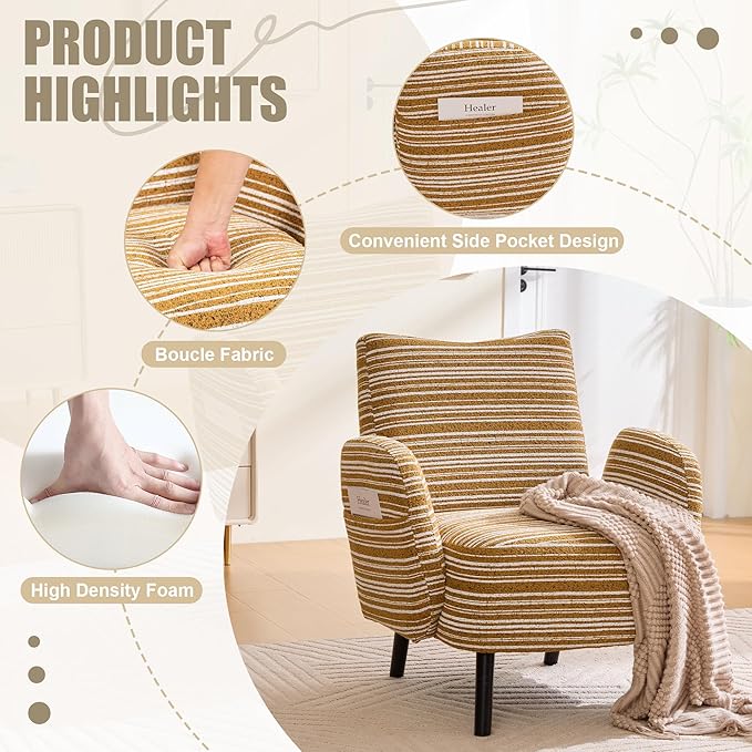 Modern Upholstered Armchair with Side Storage Pocket Fabric Reading Chair with Solid Wood Legs Ergonomic Accent Chair for Living Room Bedroom &amp Office (Yellow)