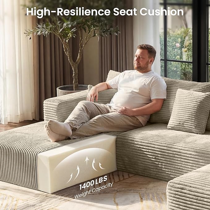 Belhome 135 Oversized Modular Sectional Sofa U-Shaped Cloud Couch with 59 Deep Seat Corduroy Boneless Couch with Convertible Chaise High-Resilience Foam Compression Sofa Camel 3 Packages