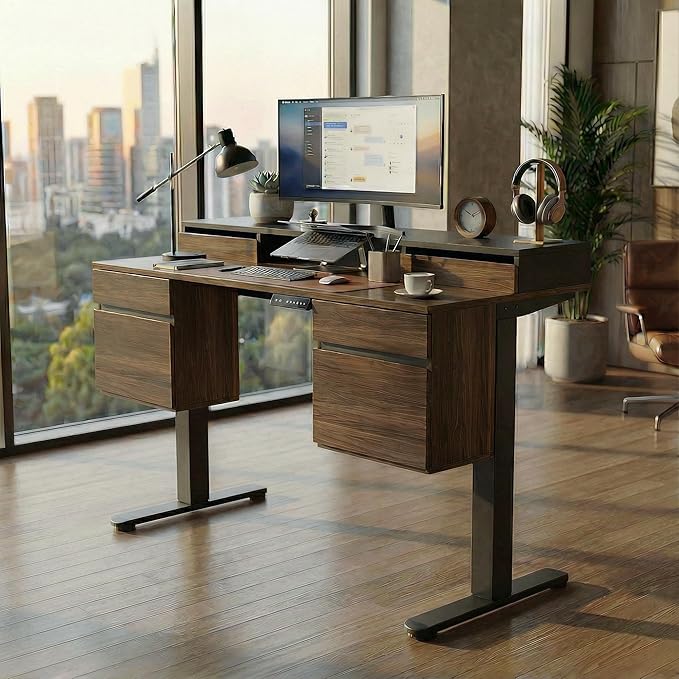 ErGear Electric Standing Desk with 6 Drawers 55 Inch Height Adjustable Stand Up Desk with Storage Computer Workstation with Monitor Stand for Home Office Black Walnut