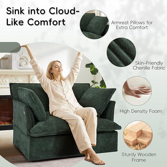 47.2 Oversized Accent Chair with Dual-Port Charging Modern Design Base&ampArmrest Throw Pillows Deep and Wide Seat Cloud-Like Comfy Single Sofa Chenille Armchair for Living Room&ampApartment