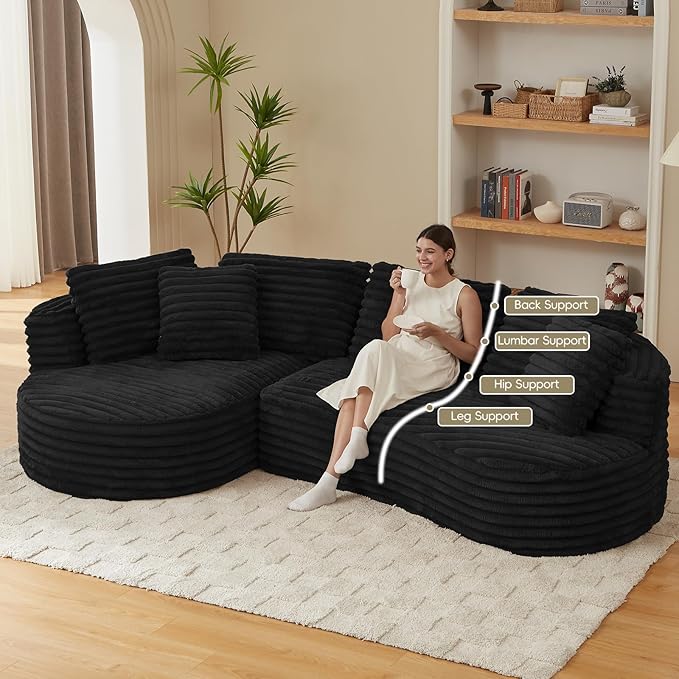 121 Cloud Sectional CouchOversized Corduroy Couches with L-Shape ChaiseModern Modular Sofa with Deep SeatUpholstered Boneless Couch for Living Room (Black Left Facing Chaise)