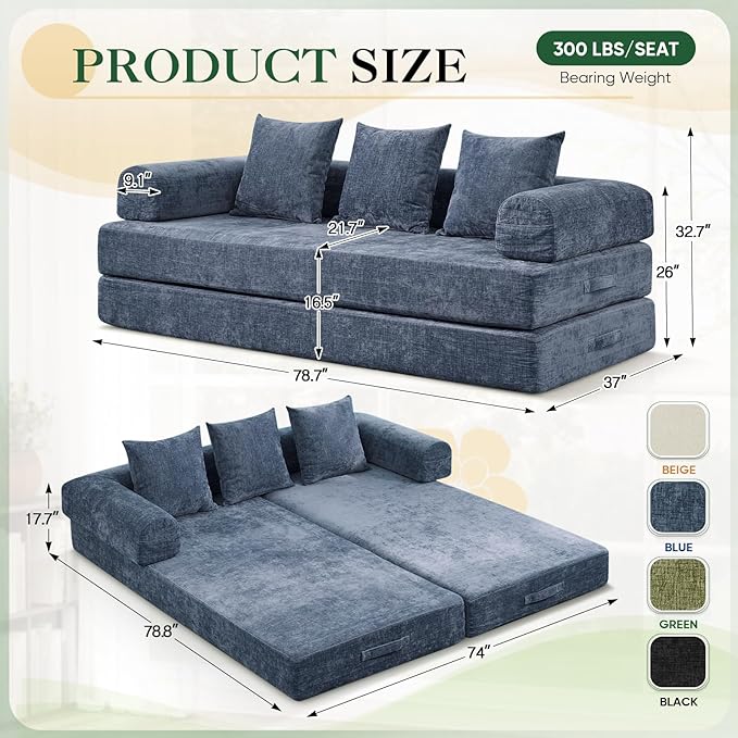 3 in 1 Convertible Futon Sofa Bed Modern King Size Chenille Loveseat Sleeper Sofa Folding 3-Seater Foldable Lounger Couch Bed for Living Room Bedroom Guest Room (Blue 3 Throw Pillows)