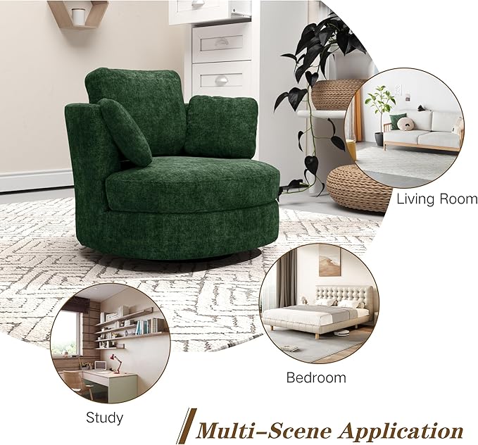 Mlmh &amp Kngwa Oversized Swivel Chair with Ottoman 40.4 inch Round Swivel Accent Chair and A Half Moon Ottoman with 3 Pillows Chenille Cozy Reading Chairs for Bedroom Living Room Green