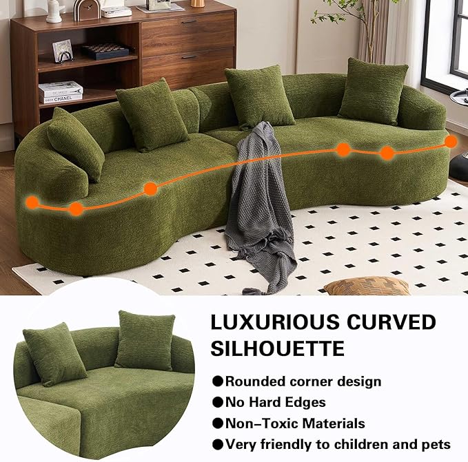 110 Green Curved Boneless Couch with Cushions Modern Cloud Sofa for Living RoomChenille Sectional Minimalist Deep Seat Luxurious No Assembly
