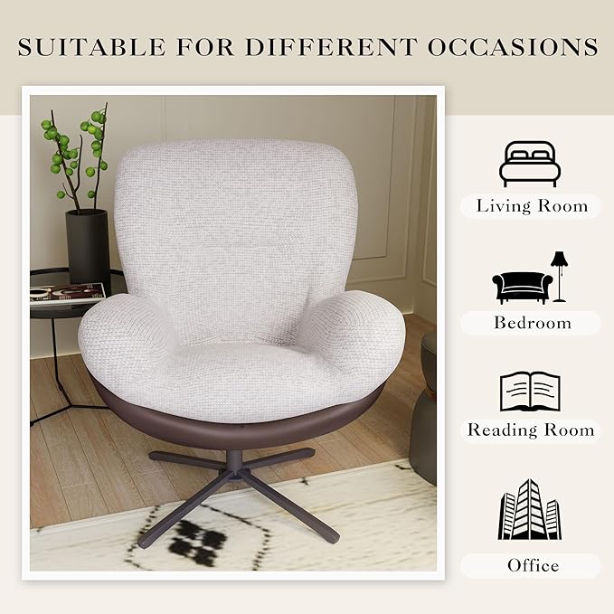 360° Swivel Office Chair Modern Chenille Chair with Faux Leather and Black Metal Base e No Wheels Accent Chair for Small Spaces Living Room Bedroom Reading Corner Office (White)