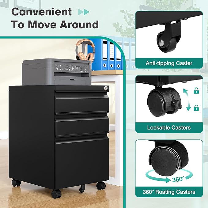 3 Drawer File Cabinet with LockUnder Desk File Cabinet with WheelsBlack Rolling Filing CabinetsThree Drawer Metal Filing Cabinet for Home OfficeFit A4/Letter/Legal File- Assembly Required