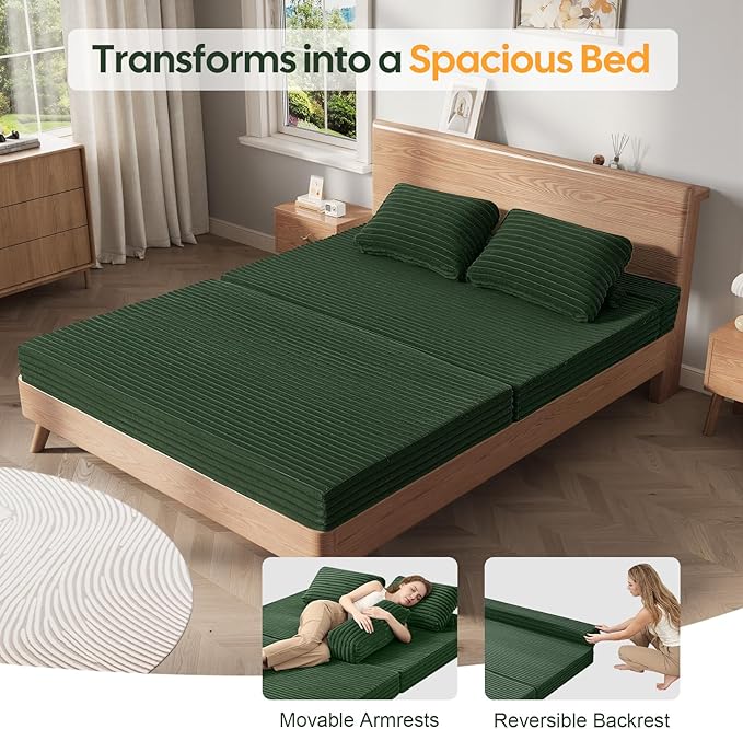 MeMoreCool Convertible Sofa Bed Folding Floor Couch Bed Queen Pull Out Sleeper Couch with Pillows Fold Out Futon Sofa for Bedroom Living Room Small Space Corduroy Beige