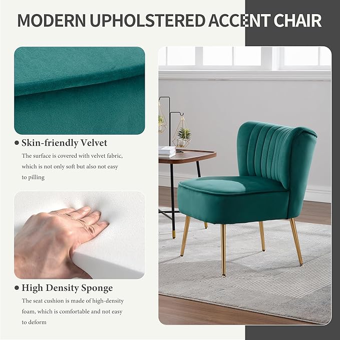 KCC Modern Velvet Upholstered Accent Chair Set of 2Mid Century Living Room Chairs with Golden LegsComfy Armless Chair Wingback Single Sofa Side Chair for BedroomDark Green