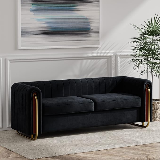 Dolonm Modern Velvet Sofa for Living Room 84 Inches Long Upholstered Sofa Couch with High Armrest and Metal Legs Decor Furniture for Bedroom Office (Black)