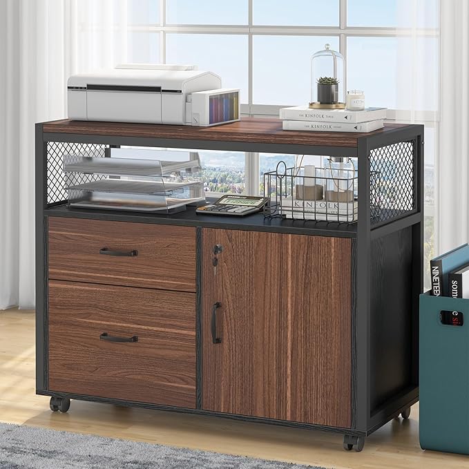 Tribesigns Modern File Cabinet with Drawers for Letter-Sized File and Door Lockable lateral Filing Cabinet Printer Stand with Storage Shelves and with Rolling Caster for Home Office (Dark Walnut)