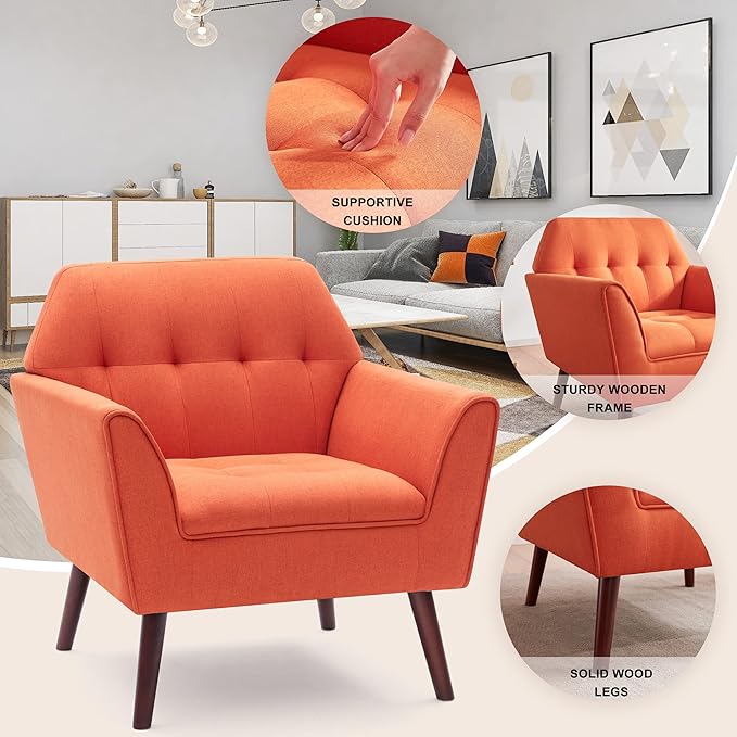 Kingfun Accent Chairs for Bedroom Midcentury Modern Accent Arm Chair for Living Room Linen Fabric Comfy Reading Chair Tufted Comfortable Sofa Chair Upholstered Single Sofa Orange