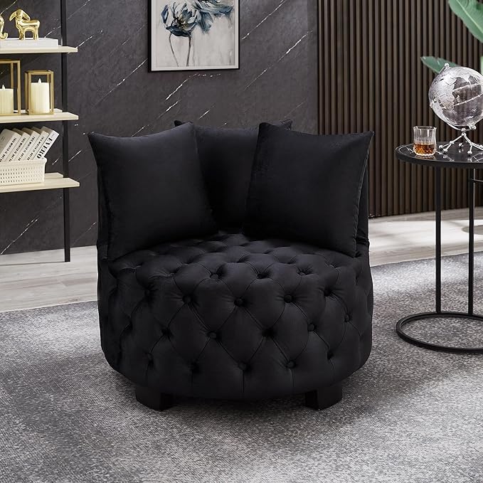 GDFStudio Upholstered Tufted Accent Chair Contemporary Velvet Leisure Chair with Curved Back and Integrated Arms Modern Round Accent Chair for Living Room Black