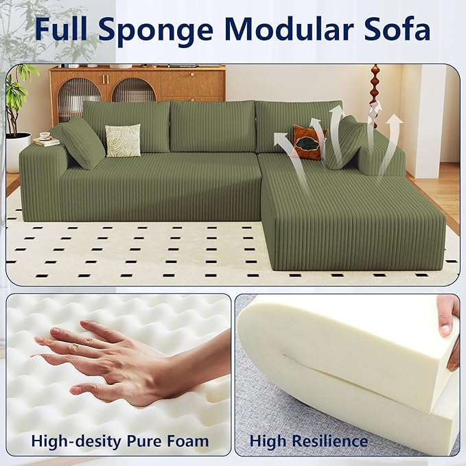 96 Modular Sectional Sofa Modern Corduroy Cloud Couch with Deep Seat Boneless Couch Upholstered 3-Seater L-Shaped Sofa for Living Room No Assembly Required (Green Right-Facing Chaise)