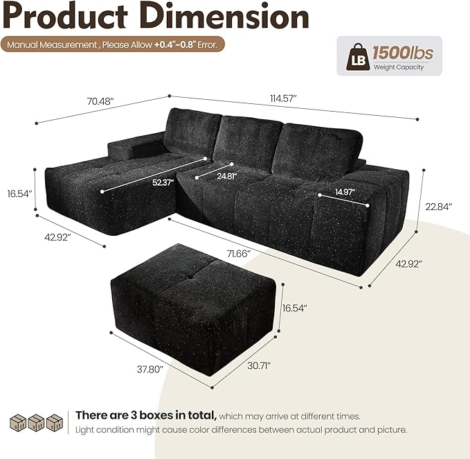 114 Cloud Sectional Couches with OttomanU Shaped Boneless Couch in A BoxDeep Seat Modular Sectional Sofa with Comfy Chaise No Assembly RequiredGrey