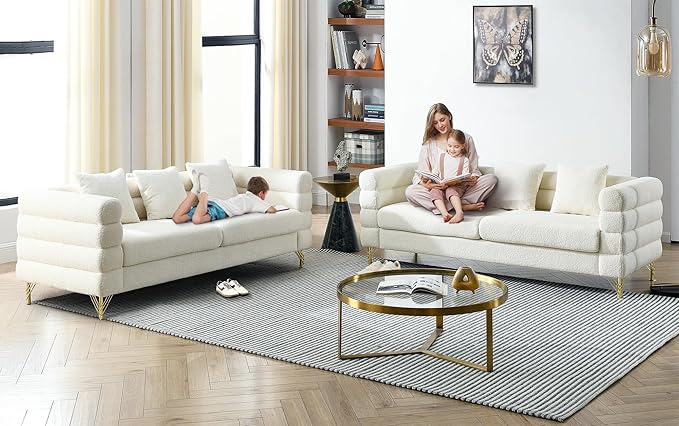 Antetek 81-inch Couches for Living Room Modern Teddy Fabric Upholstered Sofa Couch with Square Arm and 4 Golden Metal Legs for Living Room Office Apartment White